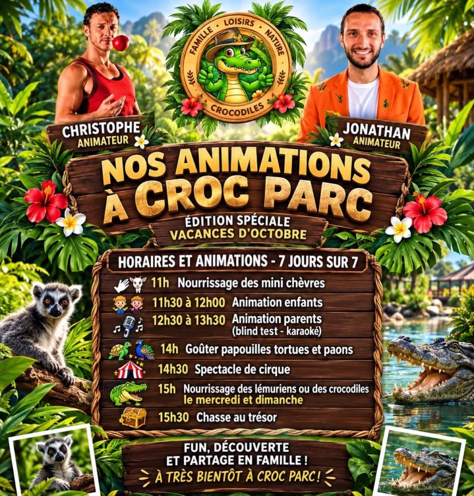 Programme des animations des vacances d'octobre à Croc Parc : nourrissages, spectacle de cirque, chasse au trésor