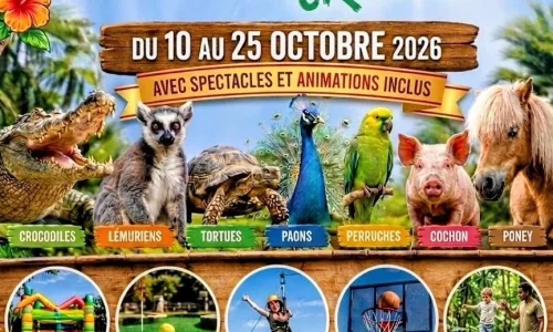 Affiche des vacances d'octobre 2026 à Croc Parc : du 10 au 25 octobre, 7j/7 de 10h à 17h, tarif unique 15 €